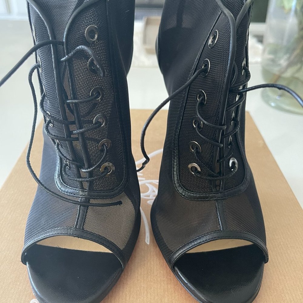 Christian Louboutin Black Mesh Open Ondessa Lace Up Booties Size 38 1/2